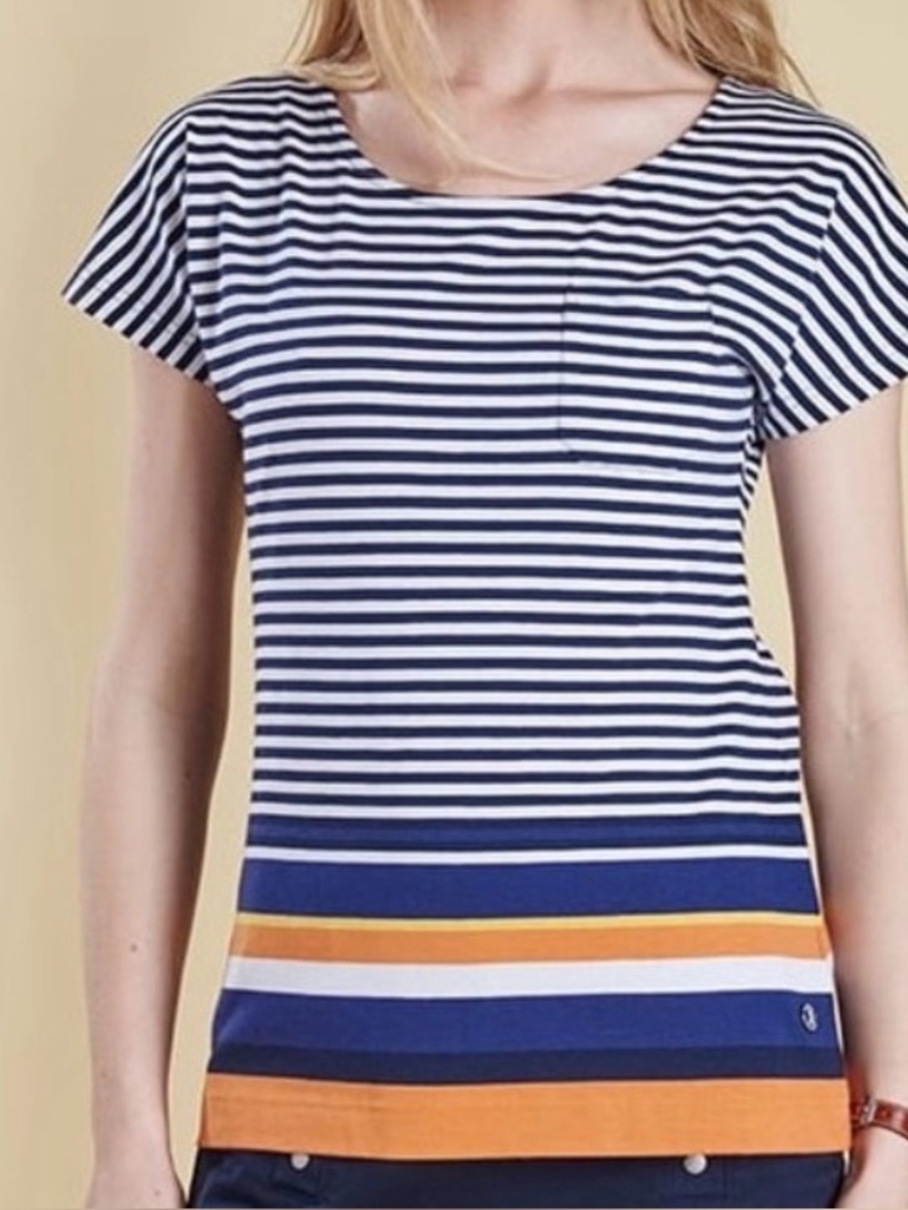 Barbour- Women’s Harewood Striped T-Shirt. Navy, White and Orange. Size 14